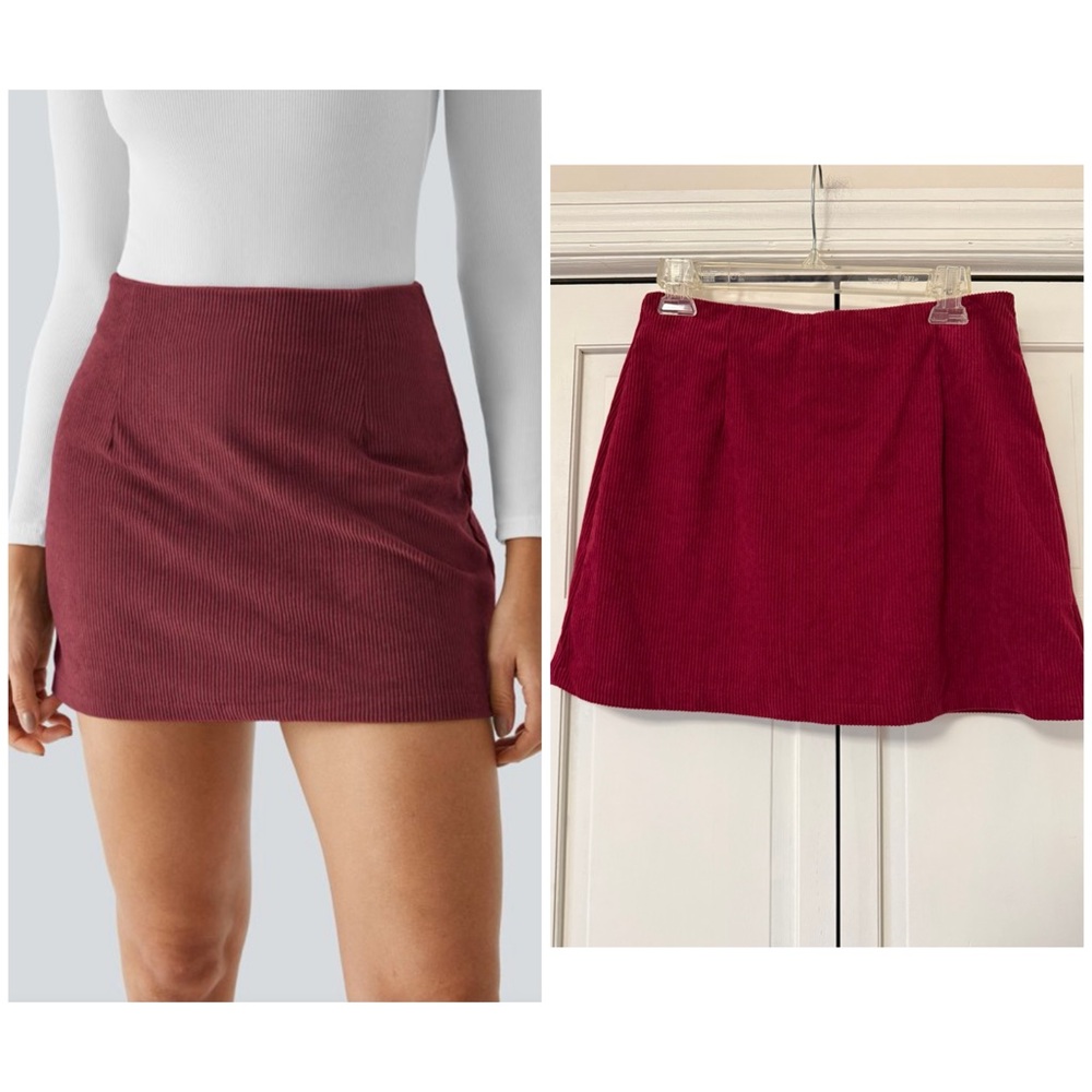 High Waisted 2-in-1 A Line Mini Corduroy Casual Skort Pomegranate Burgundy Med